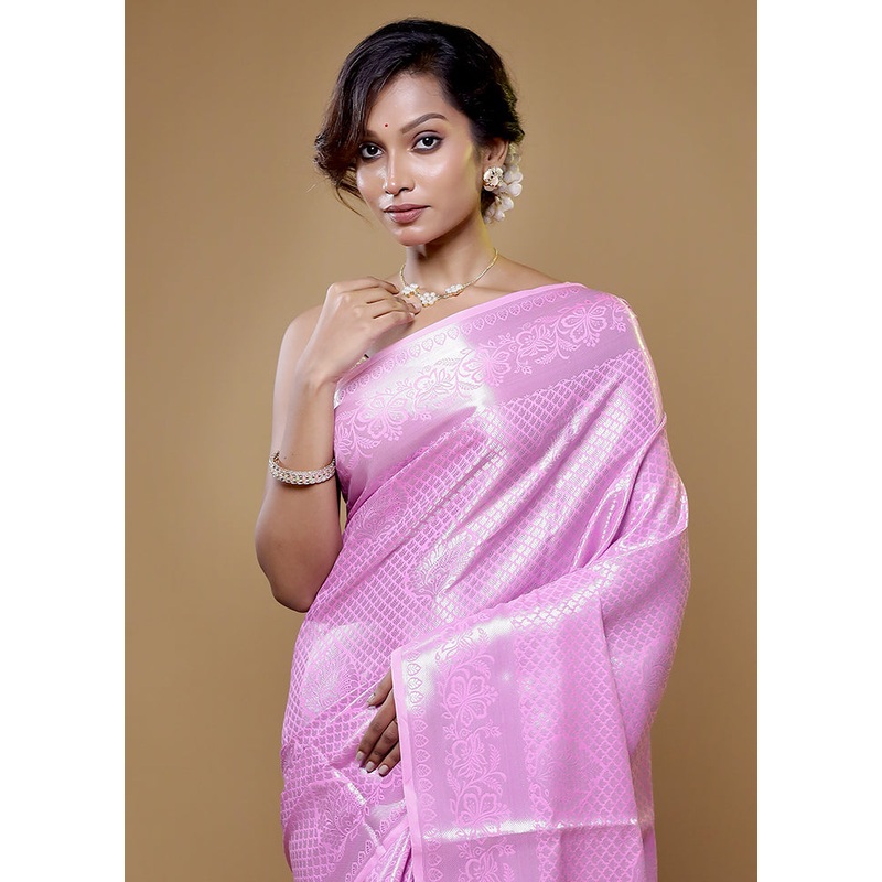 Pink Kora Silk Saree With Blouse Piece - JD986614756