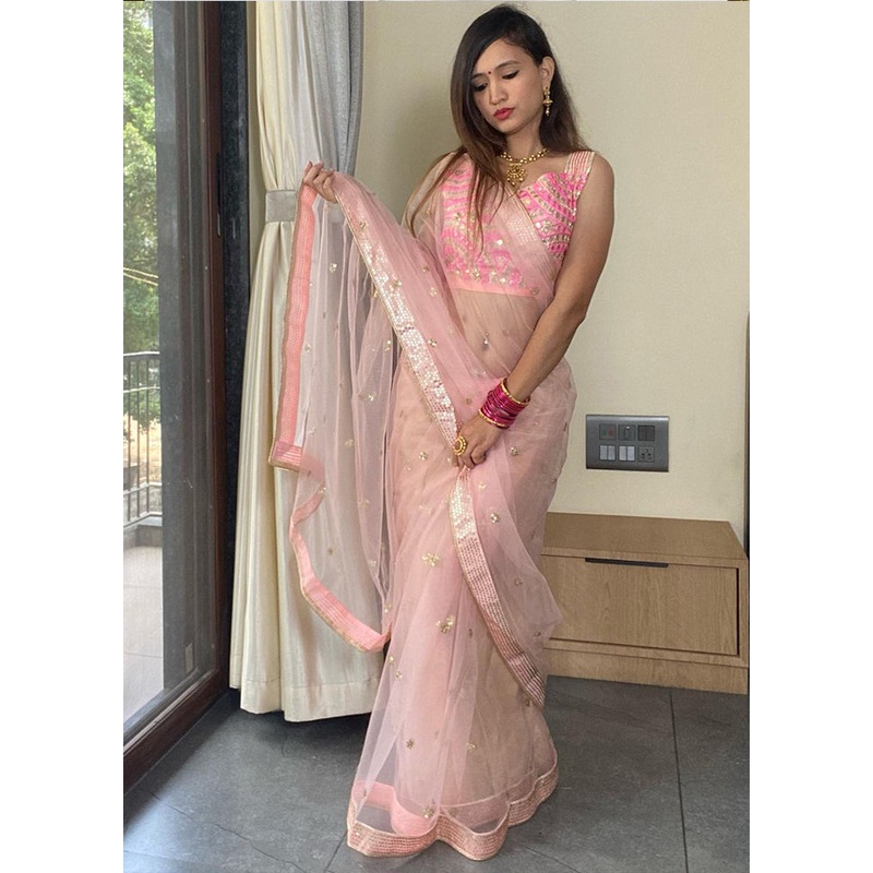 Pink Net Saree With Blouse Piece - JD986614894