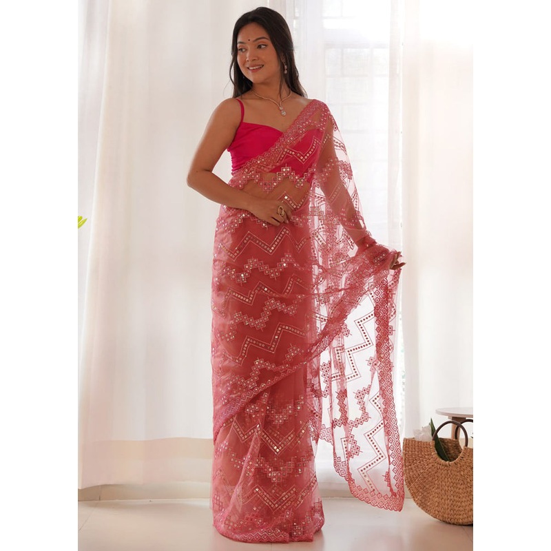 Pink Net Saree With Blouse Piece - JD986614895