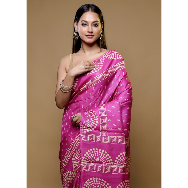 Pink Tussar Silk Saree With Blouse Piece - JD986614755