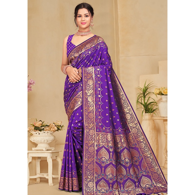 Purple Banarasi Silk Saree With Blouse Piece - JD986614891