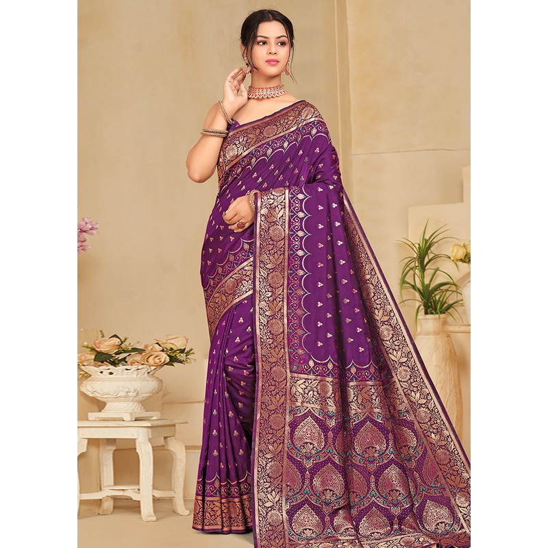 Purple Banarasi Silk Saree With Blouse Piece - JD986614892