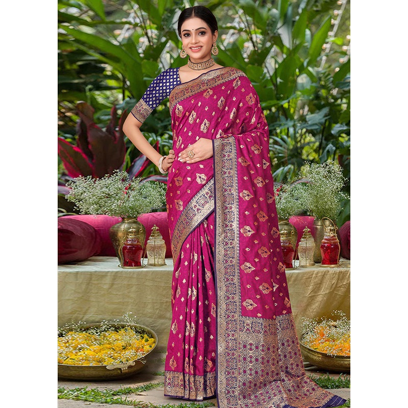 Purple Banarasi Silk Saree With Blouse Piece - JD986614893