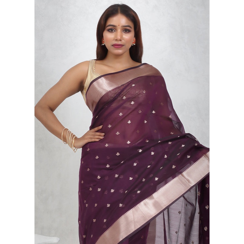 Purple Cotton Saree With Blouse Piece - JD986614719