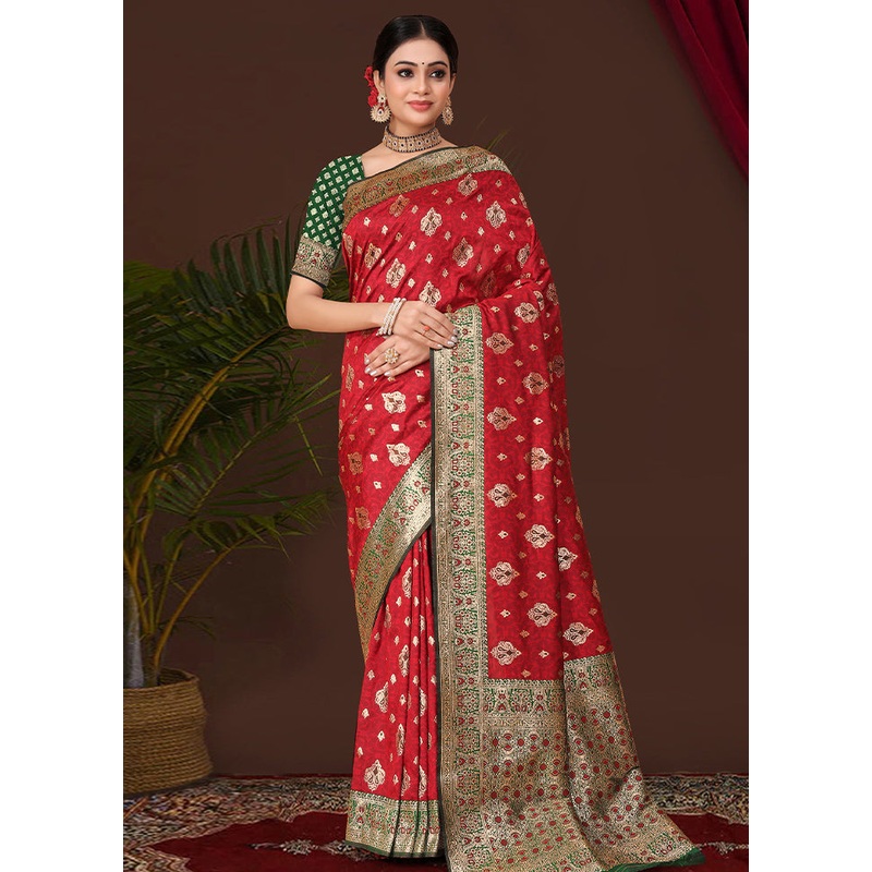 Red Banarasi Silk Saree With Blouse Piece - JD986614888