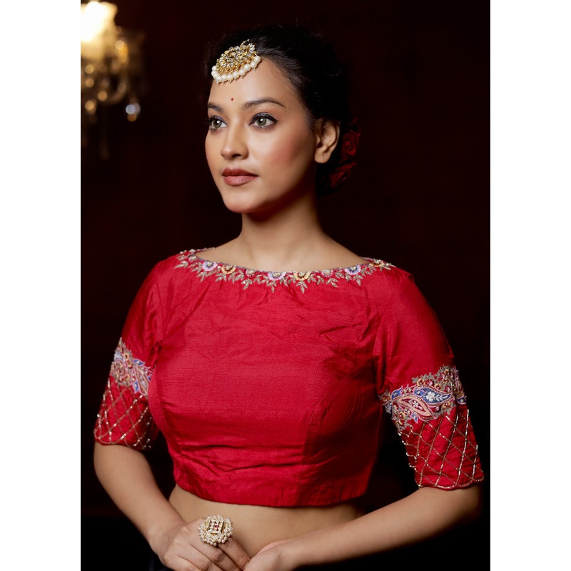 Red Blended Silk Designer Blouse - JD986614802