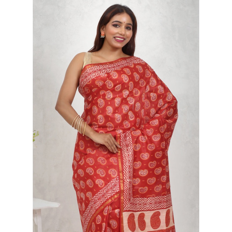 Red Chanderi Cotton Saree With Blouse Piece - JD986614723
