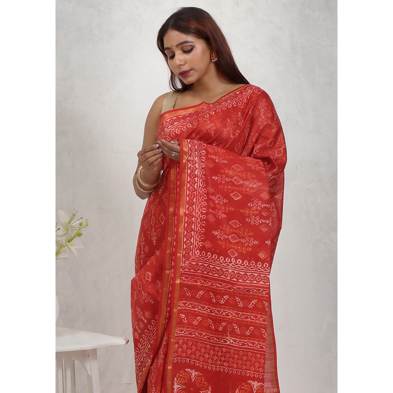Red Chanderi Cotton Saree With Blouse Piece - JD986614724