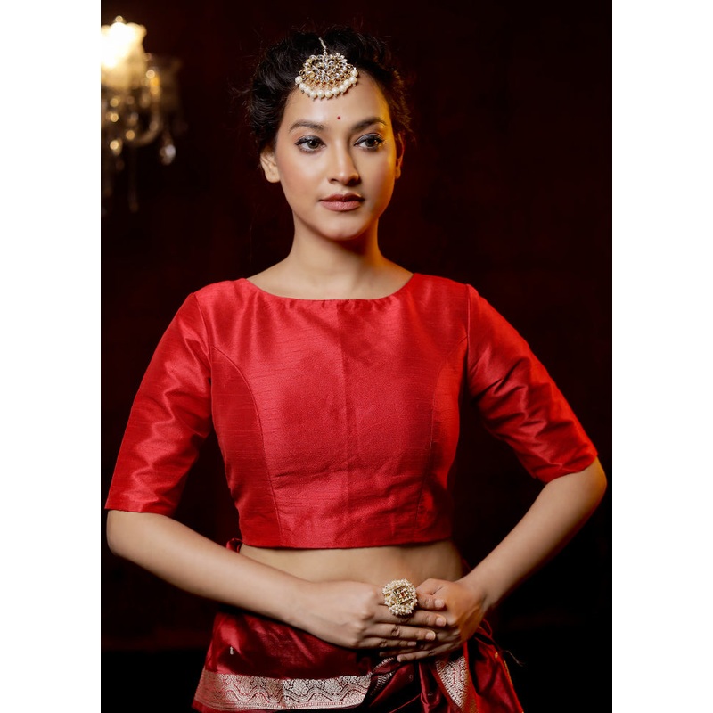 Red Dupion Silk Designer Blouse - JD986614800