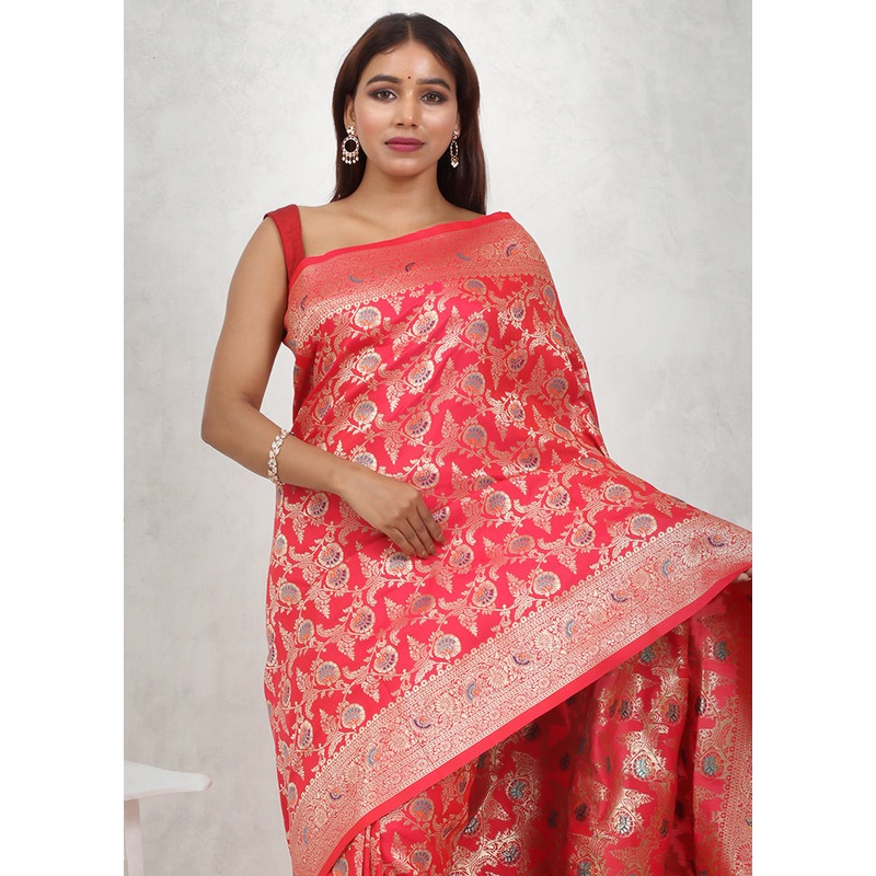 Red Dupion Silk Saree With Blouse Piece - JD986614726