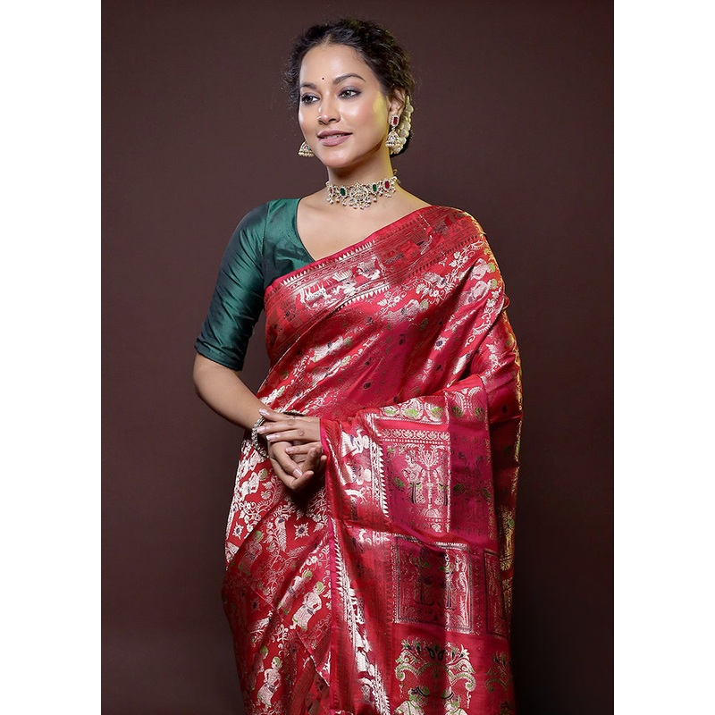 Red Handloom Baluchari Pure Silk Saree With Blouse Piece - JD986614748