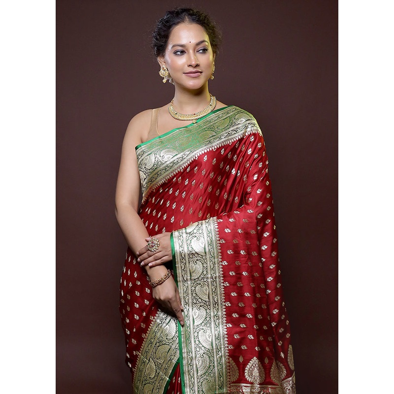 Red Handloom Banarasi Pure Silk Saree With Blouse Piece - JD986614747