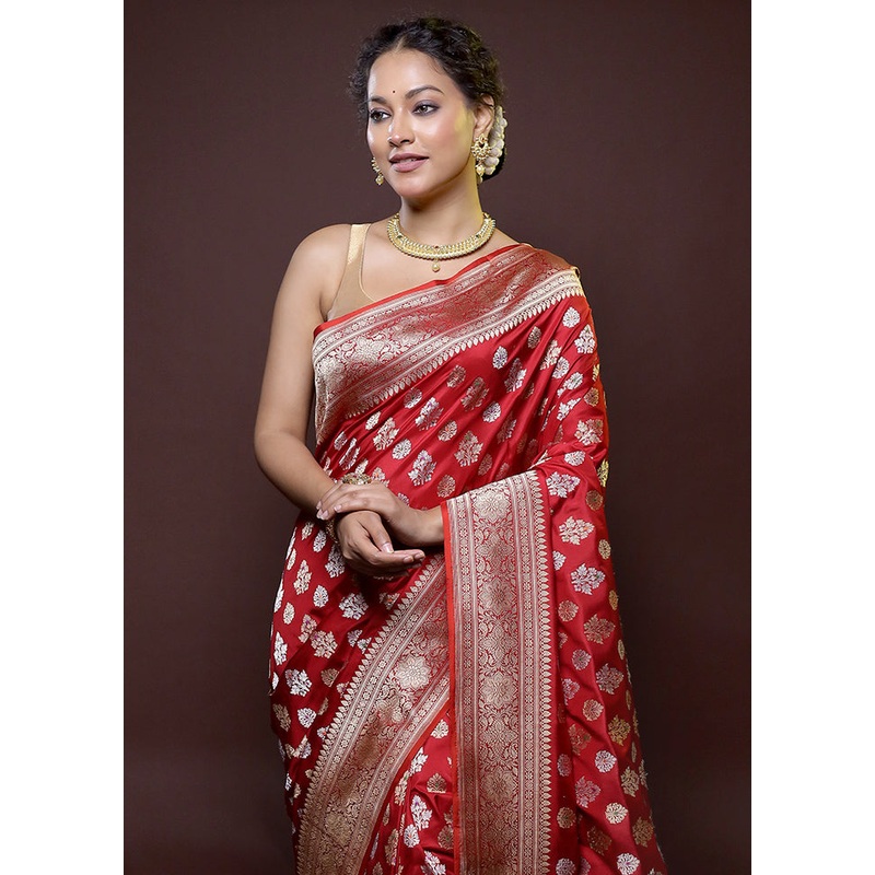 Red Handloom Katan Pure Silk Saree With Blouse Piece - JD986614746