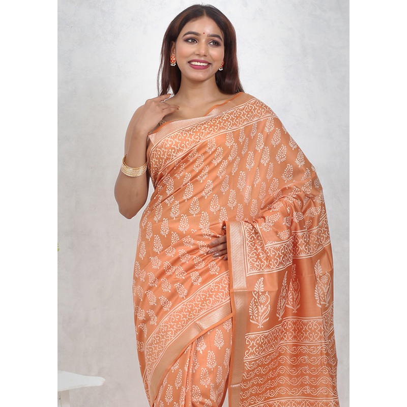 Rust Chanderi Cotton Saree With Blouse Piece - JD986614727