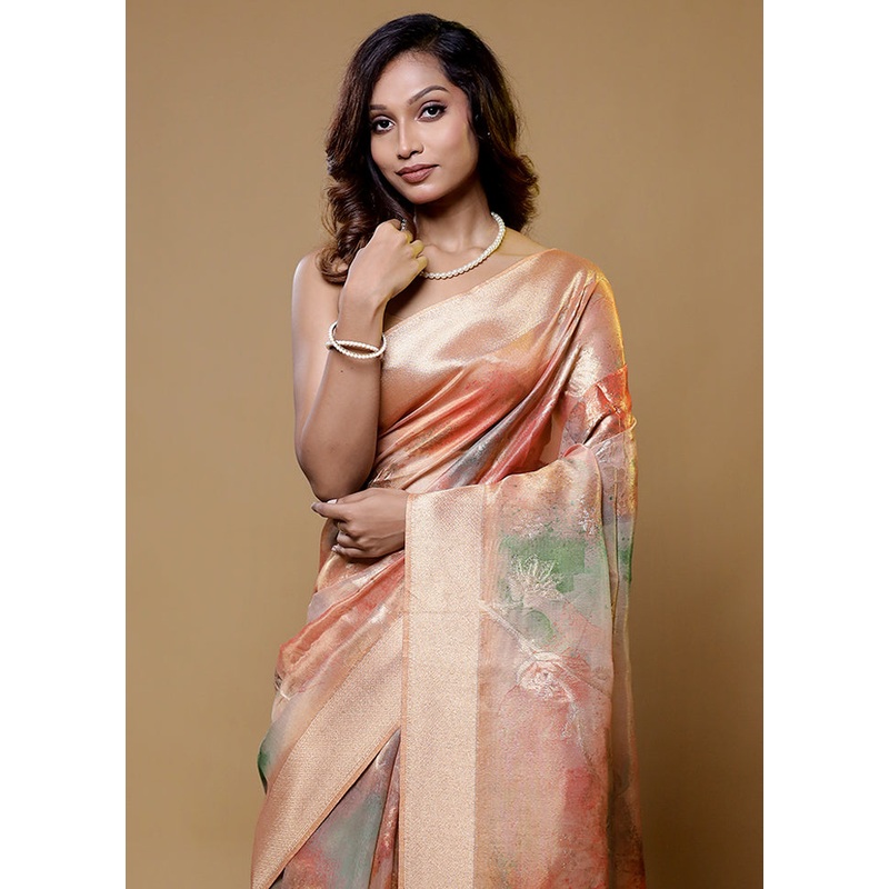 Rust Tissue Silk Saree With Blouse Piece - JD986614811
