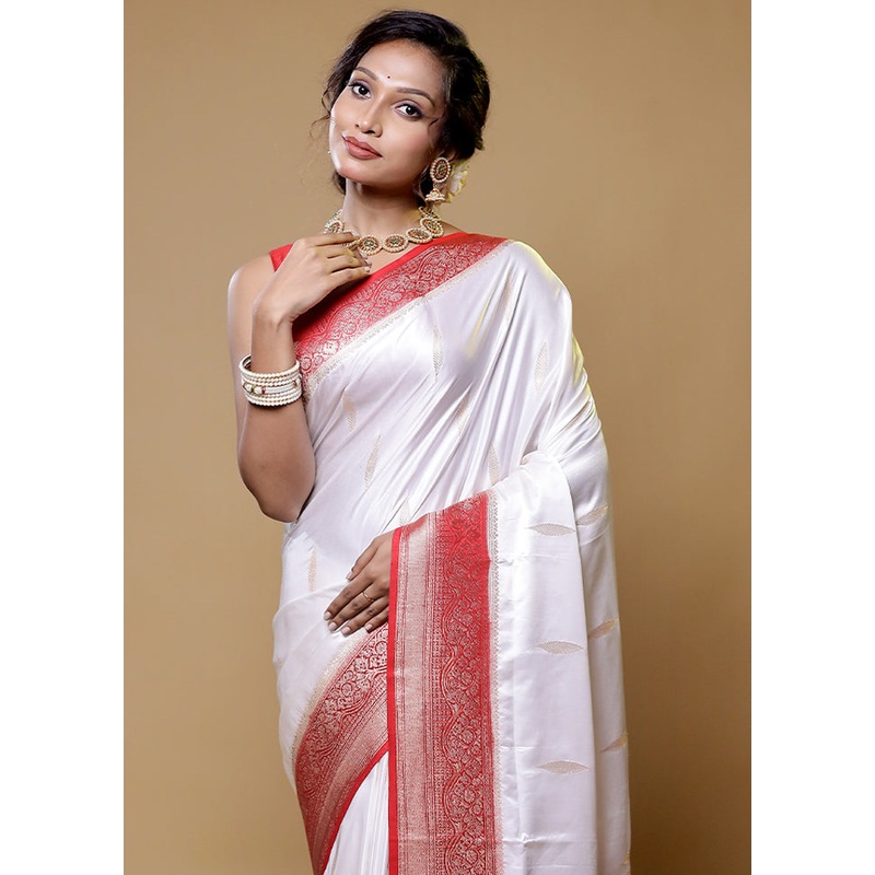 White Dupion Silk Saree With Blouse Piece - JD986614809