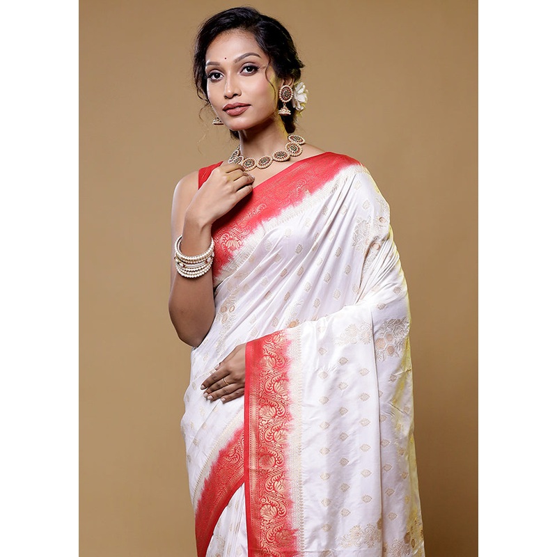 White Dupion Silk Saree With Blouse Piece - JD986614810