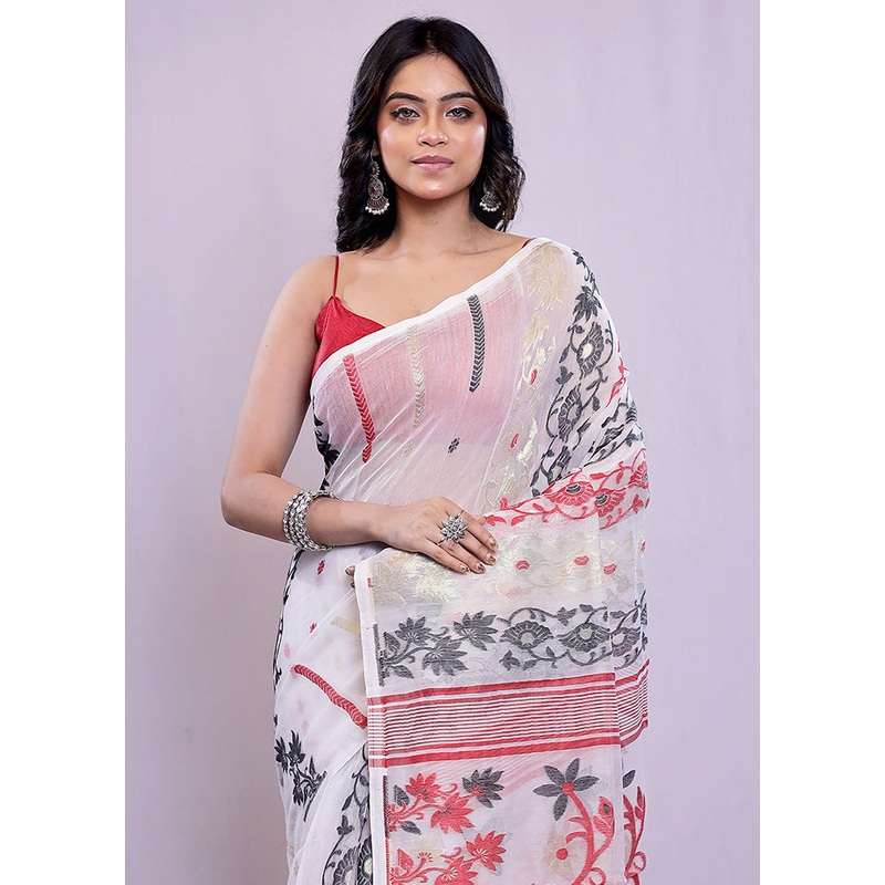White Tant Jamdani Saree Without Blouse Piece - JD986614739