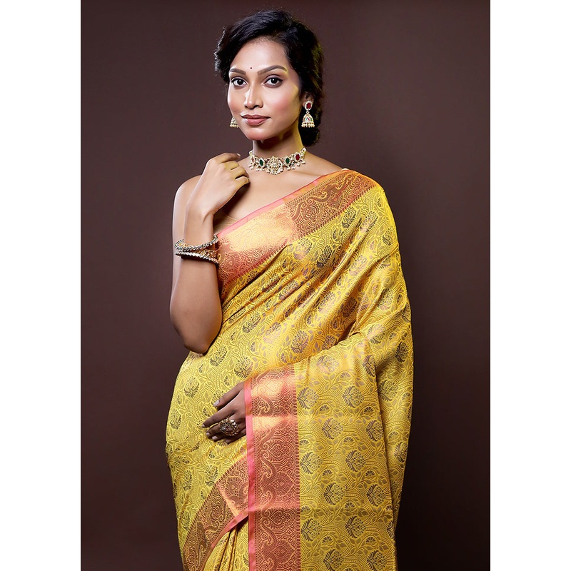 Yellow Dupion Silk Saree With Blouse Piece - JD986614737