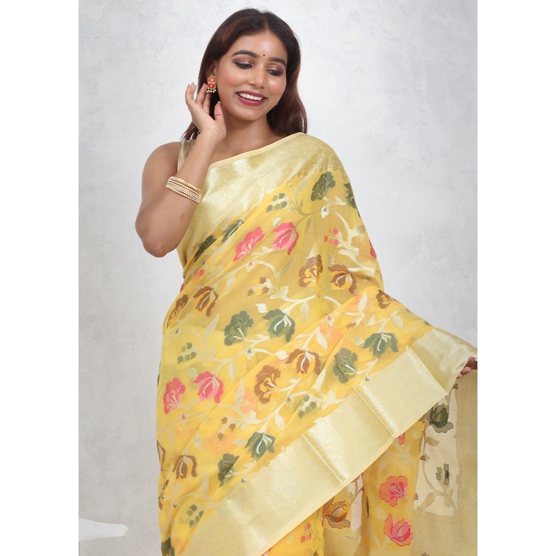 Yellow Kora Silk Saree With Blouse Piece - JD986614728