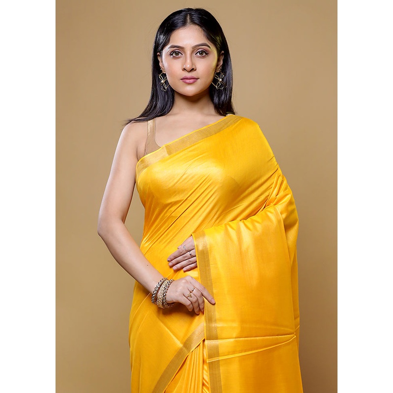 Yellow Tussar Silk Saree With Blouse Piece - JD986614821