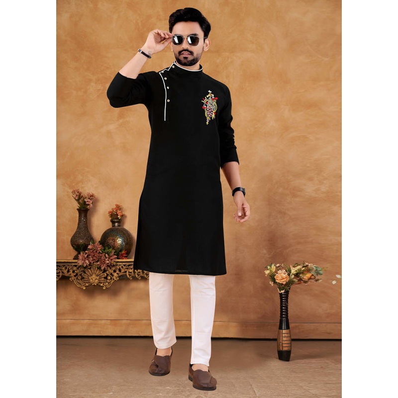 2 Pc Black Cotton Kurta And Pajama Set - JD986614575