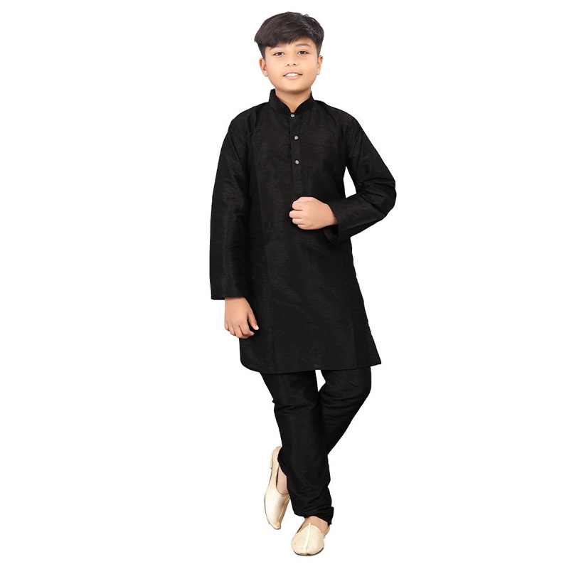 2 Pc Black Pure Silk Kurta Pajama Set - JD986614555