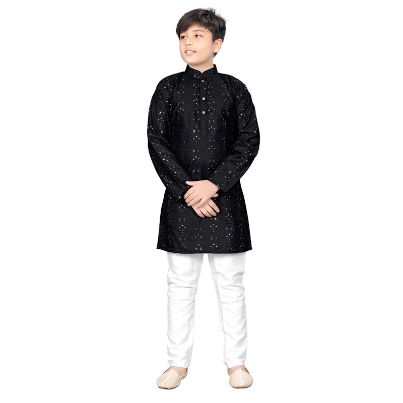 2 Pc Black Pure Silk Kurta Pajama Set - JD986614556