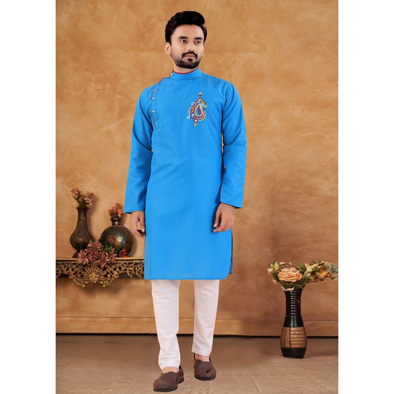 2 Pc Blue Cotton Kurta And Pajama Set - JD986614576