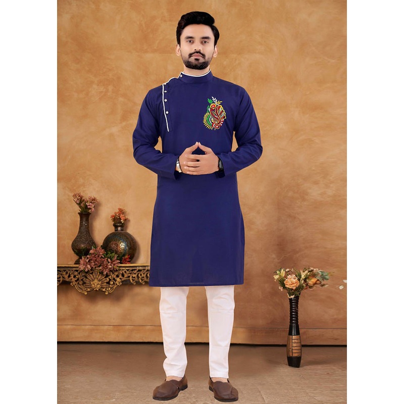 2 Pc Blue Cotton Kurta And Pajama Set - JD986614577