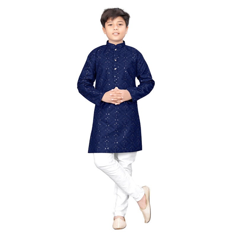 2 Pc Blue Pure Silk Kurta Pajama Set - JD986614558