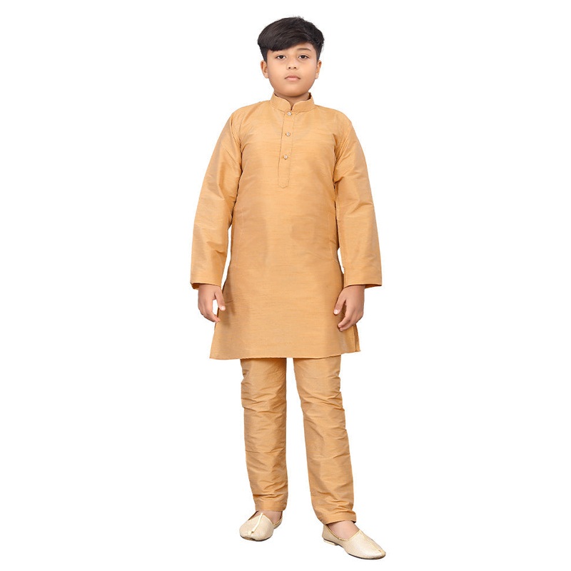 2 Pc Golden Pure Silk Kurta Pajama Set - JD986614560