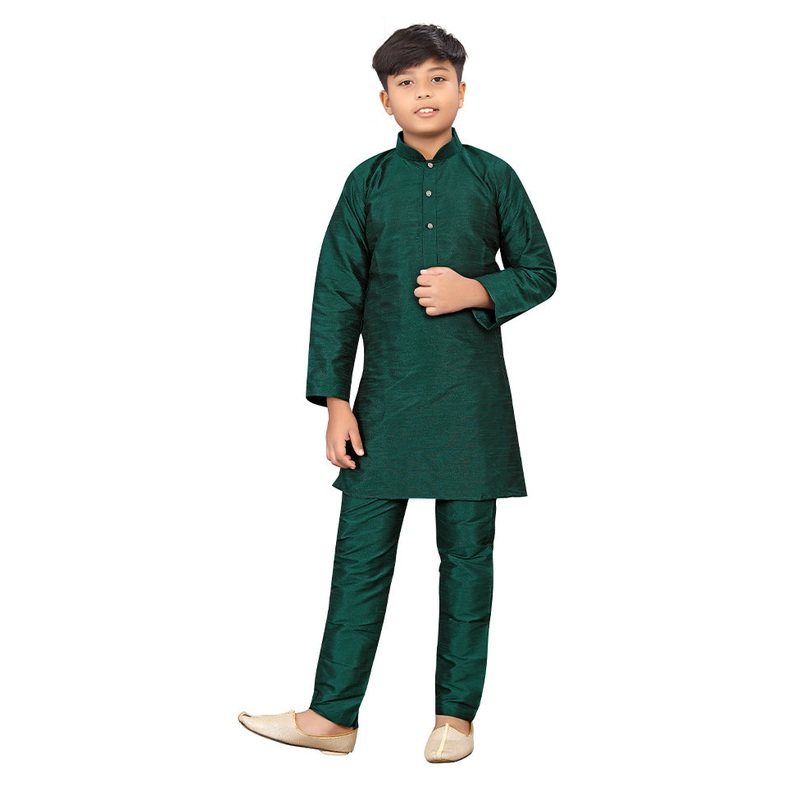 2 Pc Green Pure Silk Kurta Pajama Set - JD986614561