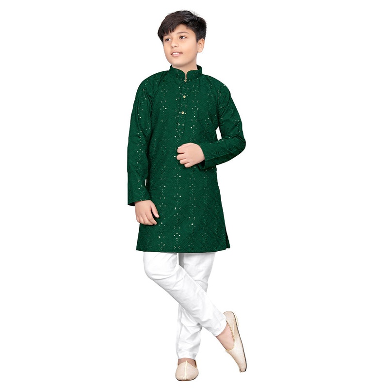 2 Pc Green Pure Silk Kurta Pajama Set - JD986614562
