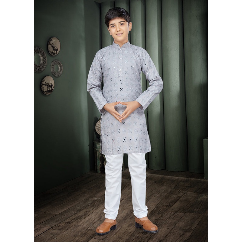 2 Pc Grey Cotton Kurta Pajama Set - JD986614563