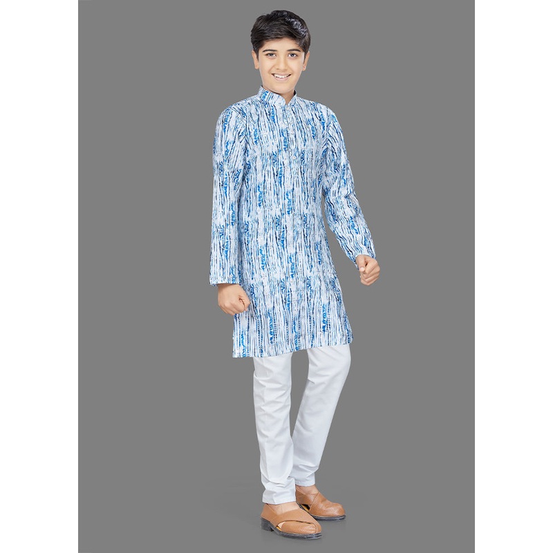 2 Pc Light Blue Cotton Kurta Pajama Set - JD986614564