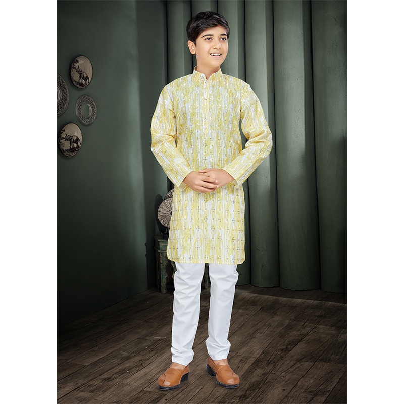 2 Pc Light Yellow Cotton Kurta Pajama Set - JD986614566