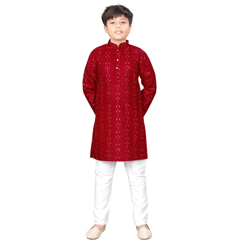 2 Pc Maroon Pure Silk Kurta Pajama Set - JD986614568