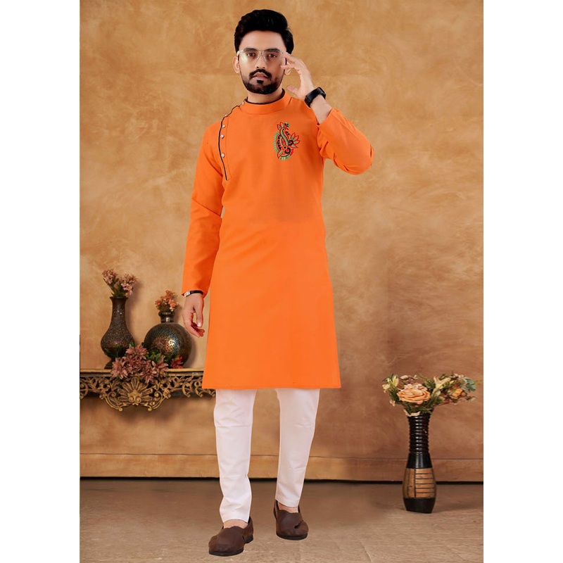 2 Pc Orange Cotton Kurta And Pajama Set - JD986614579