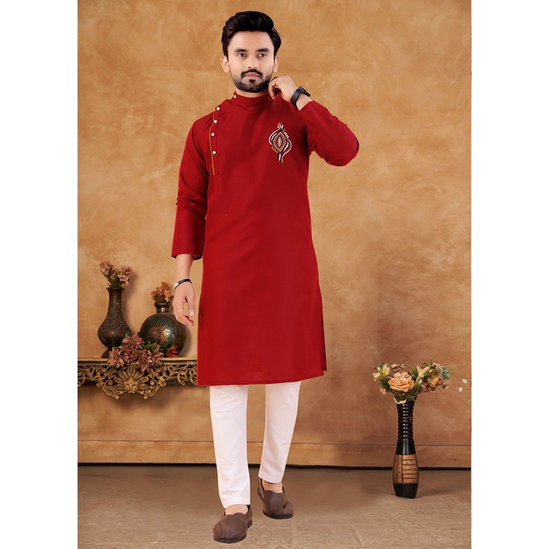 2 Pc Red Cotton Kurta And Pajama Set - JD986614580