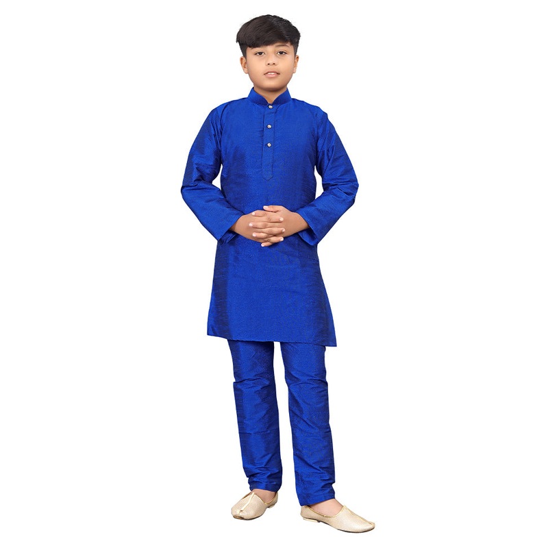 2 Pc Royal Blue Pure Silk Kurta Pajama Set - JD986614572