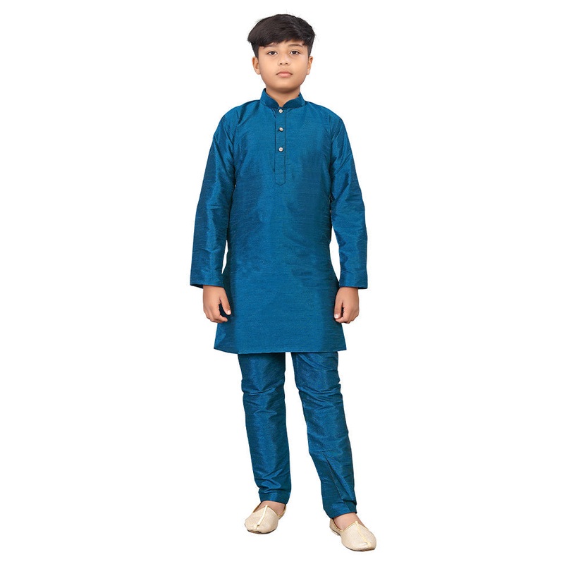 2 Pc Sky Blue Pure Silk Kurta Pajama Set - JD986614573