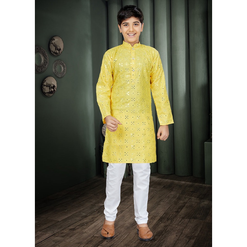 2 Pc Yellow Cotton Kurta Pajama Set - JD986614574