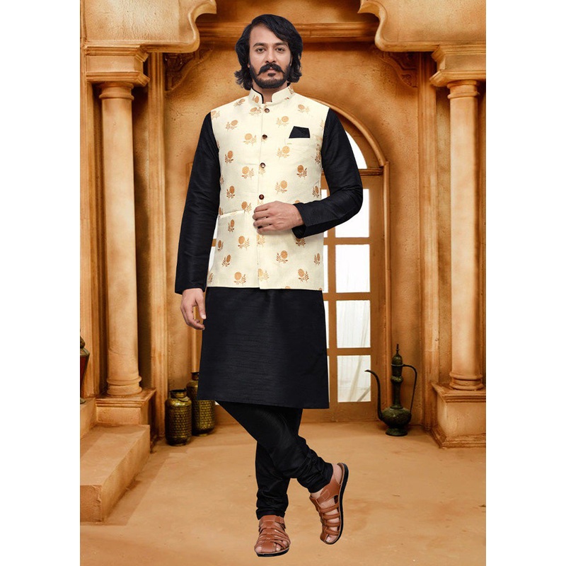 3 Pc Black Pure Silk Ethnic Wear - JD986614583