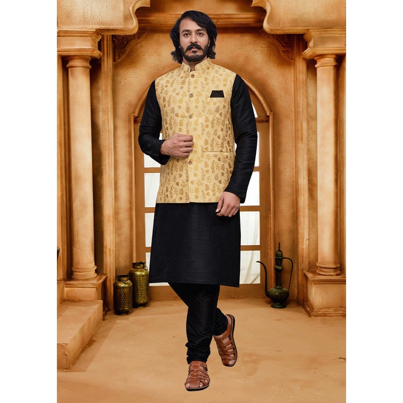 3 Pc Black Pure Silk Ethnic Wear - JD986614584