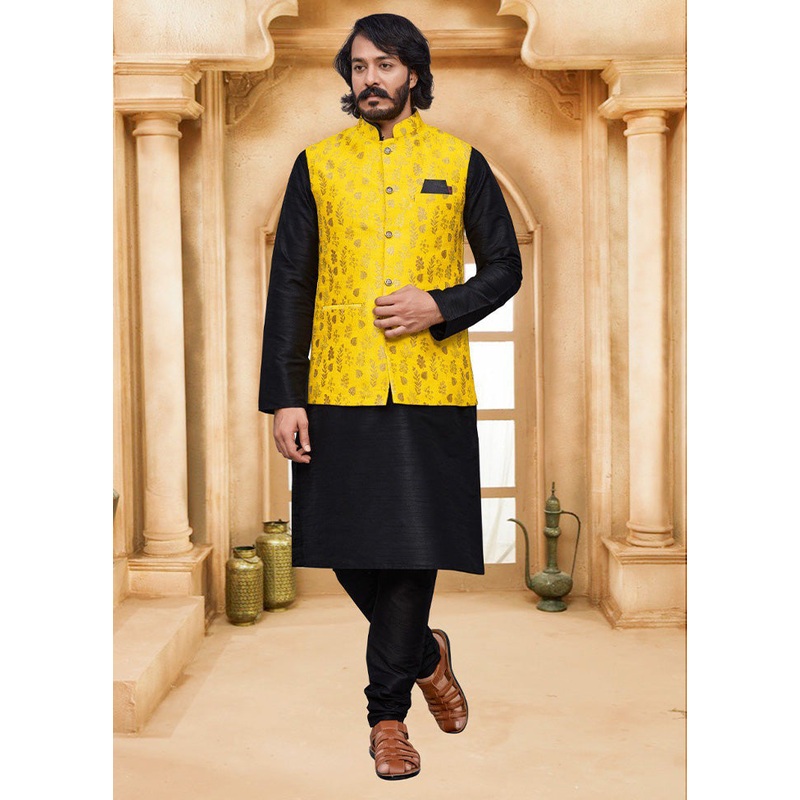3 Pc Black Pure Silk Ethnic Wear - JD986614585