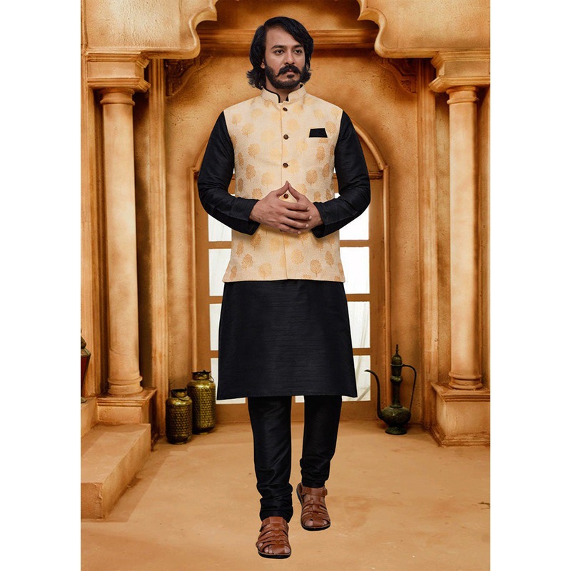 3 Pc Black Pure Silk Ethnic Wear - JD986614586