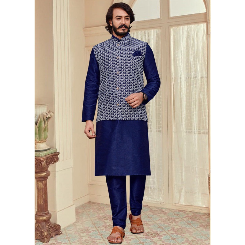 3 Pc Blue Pure Silk Ethnic Wear - JD986614587