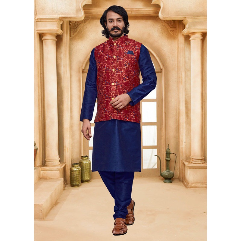 3 Pc Blue Pure Silk Ethnic Wear - JD986614588