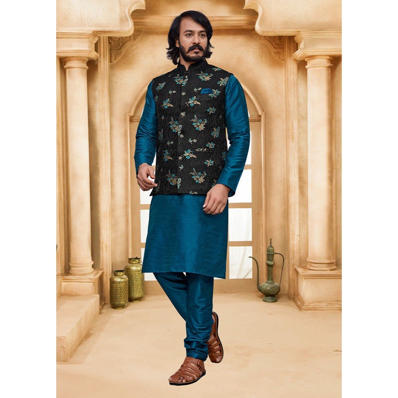 3 Pc Blue Pure Silk Ethnic Wear - JD986614589